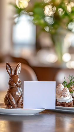 Elegant easter table setting with chocolate bunny in trendy indoor restaurant. concept of...