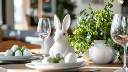 Elegant easter dinner setup in contemporary dining room with decorative rabbit and eggs. concept of...
