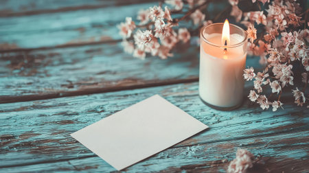 Close-Up of Scented Candle Burning on Rustic Table with Cherry Blossoms for Tranquil Mother's Day Ambiance. blank card with copy space.の写真素材