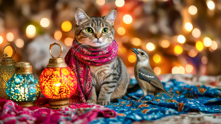 Festive Cat and Bird in Colorful Room with Lanterns Celebrating Ramadan. Concept of cultural festivity, animal friendship, vibrant celebrations, warm atmosphere.の写真素材