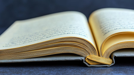 Close-Up View of an Open Quran with Elegant Gold Bookmark for Ramadan Reflection and Spirituality.の写真素材