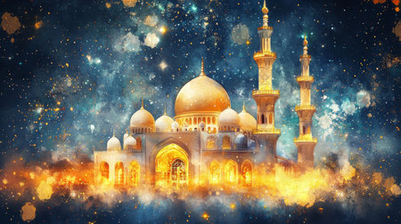 Stunning Ramadan Watercolor Illustration of Illuminated Mosque with Starry Night Sky in Vibrant Colors.の写真素材
