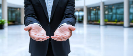 Businessman's open hands in modern office setting. Concept of trust, invitation, professionalism in...