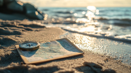 Small Paper Map and Clean Compass Lying on Sand by Ocean Shore at Sunset for Navigation and...