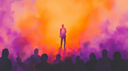 Watercolor Illustration of Silhouette Performer on Stage with Vibrant Purple and Orange Background.の写真素材