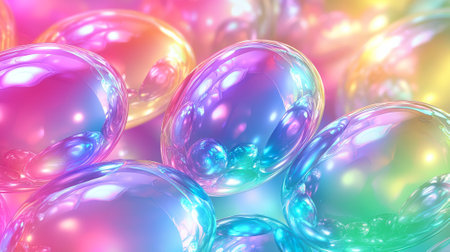 Colorful abstract background with easter theme featuring rainbow holographic egg shapes. concept of...