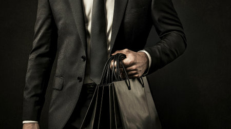 Confident businessman in black suit holding shopping bags. concept of corporate fashion, shopping, luxury lifestyle.の写真素材