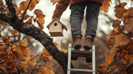 Man on ladder placing birdhouse on tree branch in autumn forest. concept of nature conservation,...