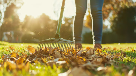 Young person raking leaves in spacious sunlit garden. concept of autumn activities, outdoor cleanup,...