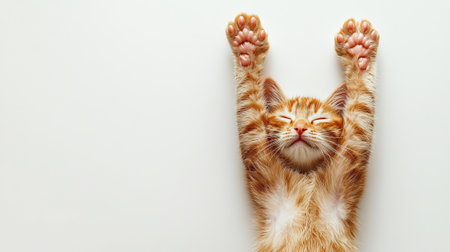 Close-up of stretching ginger cat with paws up on white background. concept of feline comfort, relaxation, adorable pets, minimalist design, cute kitten. Copy space.の写真素材