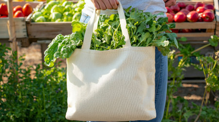 Environmentally conscious caucasian man holding reusable fabric bag with fresh organic vegetables at...