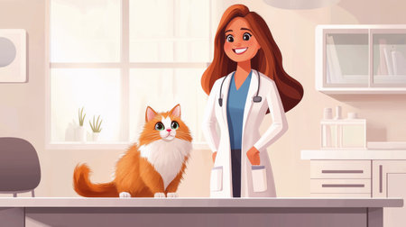 Smiling female veterinarian with cat in clinic. concept of animal care, veterinary medicine, pet health, professional compassion. Digital illustration.の写真素材