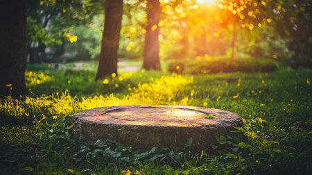 Circular stone altar illuminated by sunlight in forest setting during summer solstice. concept of...