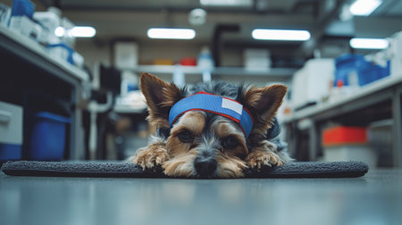 Cute small dog in veterinary clinic wearing medical band, concept of pet care, animal health,...