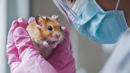 Veterinarian examining golden hamster in veterinary clinic. concept of animal care, exotic pet...