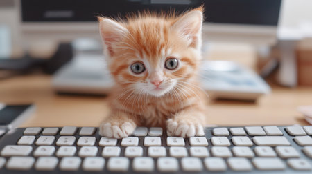 Cute ginger kitten playing on keyboard in office setting. Concept of pet curiosity, adorable...