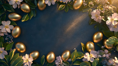 Minimalistic easter frame with gold eggs, green leaves, and pink flowers for festive spring decor....