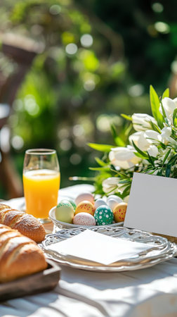 Elegant easter alfresco dining with stylish outdoor cafe table setting. concept of spring celebration, outdoor gatherings, festive decor, fresh blooms. Copy space. Blank card, mockup. Vertical.の写真素材