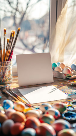 Creative easter art studio with blank card on table surrounded by colorful eggs. concept of festive...