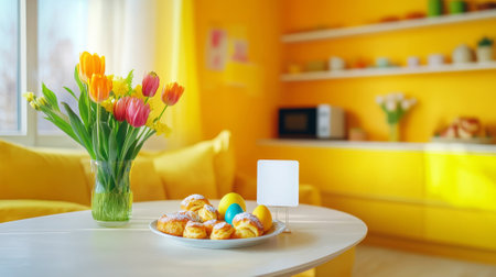 Bright and modern kitchen with easter breakfast nook featuring tulips and colorful eggs. concept of spring renewal, festive decor, seasonal brunch, home comfort. Copy space. Blank card, mockup.の写真素材