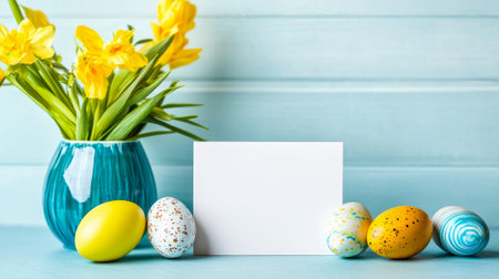 Blank easter card with colorful eggs and daffodils on soft pastel background. concept of spring...
