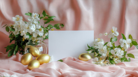 Elegant blank easter card on soft pastel fabric with golden eggs and white blossoms. concept of spring elegance, seasonal festivity, decorative simplicity. Copy space. mockup.の写真素材