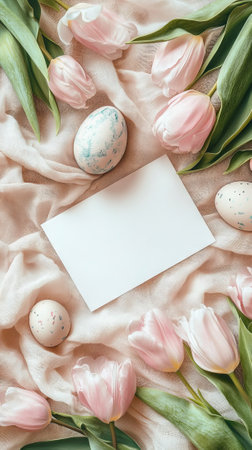 blank easter card surrounded by pink tulips and decorated eggs. concept of spring greeting, floral...
