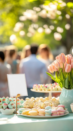 Elegant easter catering with modern buffet table at outdoor garden event. concept of spring...