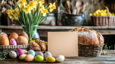 Rustic easter celebration with empty card, colorful eggs, daffodils, and bread basket. concept of...