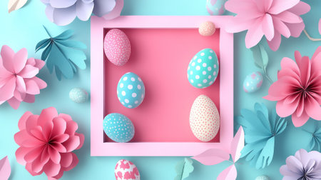 Colorful minimalistic easter composition with decorated eggs and paper flowers. concept of spring...