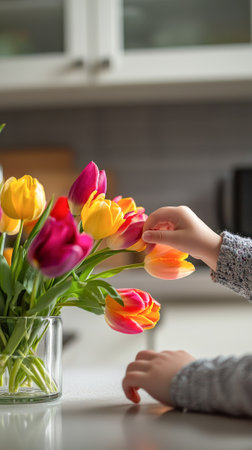 Child Arranging Vibrant Flowers in Vase Celebrating Mother's Day. Concept of Child's Creativity, Floral Arrangement, Colorful Celebration, Family Love. Vertical.の写真素材