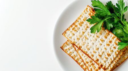 Modern Plate with Matzah and Fresh Parsley for Passover Pesach Celebration. White background. Copy...