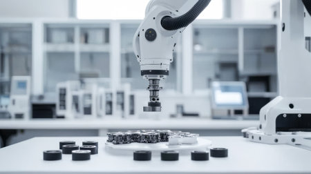 Futuristic Robotic Arm Assembling Parts in High-Tech Laboratory Environment. Concept of Automation,...