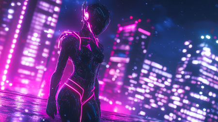 Anime Art of Futuristic Battle Robot in Neon Cityscape at Night. Concept of Sci-Fi Adventure, Futuristic Technology, Cyberpunk Aesthetic, Neon Lights.の写真素材