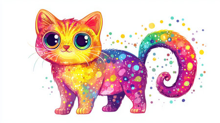 Colorful Childlike Drawing of a Cute Cat with Big Round Eyes in Vibrant Rainbow Hues. White background.の写真素材