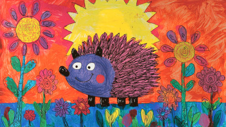 Childlike Drawing of Smiling Hedgehog with Colorful Flowers and Sun Illustration.の写真素材