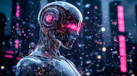 Holographic Neon Illustration of Sleek Humanoid Robot in Futuristic Cityscape at Night. Concept of Technology Innovation, Sci-Fi Art, Robotic Intelligence, Cybernetic Aesthetics.の写真素材