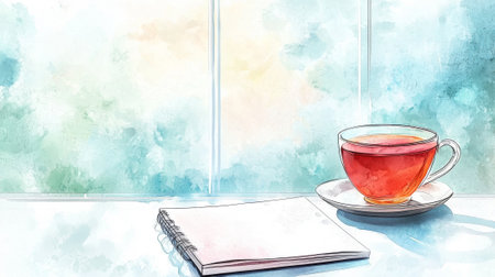 Watercolor Art of Clean Desk with Single Notebook and Tea Near Window with Daylight Reflection. Copy space.の写真素材