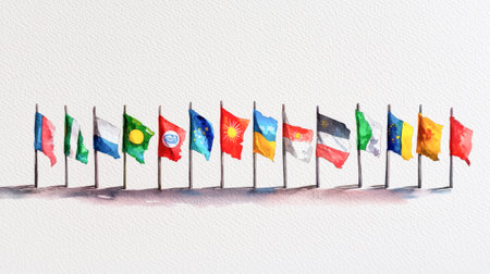 Colorful watercolor illustration of international flags celebrating international workers day. concept of global unity, cultural diversity, labor day, worldwide cooperation.の写真素材