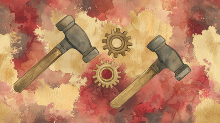 Retro-inspired watercolor illustration celebrating international workers day with hammers and gears motif.の写真素材