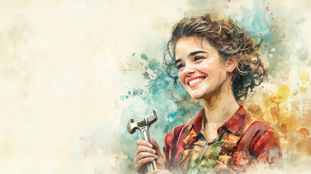 Happy woman with hammer celebrating international workers day in watercolor art. concept of empowerment, labor day, joyful expression, creative celebration. Copy space.の写真素材