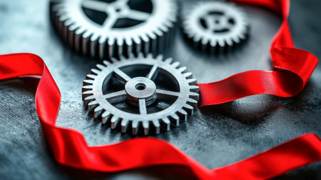 Close-up abstract concept of gears and red ribbon for international workers day celebration. concept of labor, industry, unity, symbolism.の写真素材