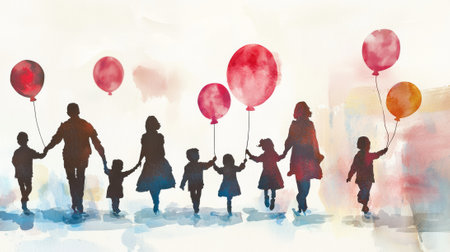 Diverse families celebrating international workers day with children holding colorful balloons. concept of unity, celebration, family bonding, joyful togetherness.の写真素材