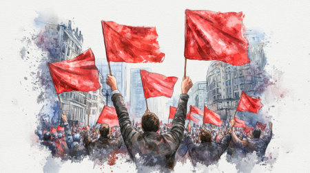 People celebrating international workers day with red flags in urban march. concept of solidarity, social unity, labor rights, peaceful celebration.のeditorial素材