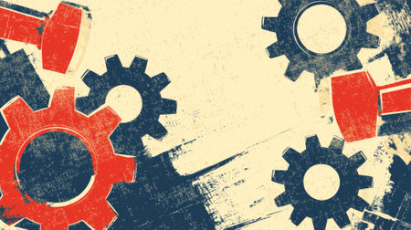 Retro style international workers day poster with industrial gears. concept of labor movement, industrial revolution, workers solidarity, vintage design. Copy space.の写真素材