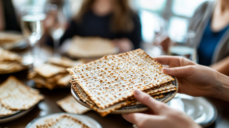 Close-up of family celebrating passover with matzo. concept of tradition, family bonding, cultural celebration, relaxation.の写真素材