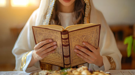 Caucasian woman wearing traditional clothing celebrating passover with ritual reading. concept of cultural heritage, holiday celebrations, religious traditions, spiritual reflection.の写真素材