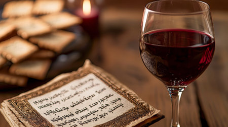 Close-up of haggadah page with red wine and matzah for passover pesach celebration. concept of jewish tradition, religious texts, cultural heritage, festive rituals.の写真素材