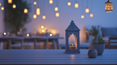 Modern elegantly decorated restaurant with lanterns and soft lighting during ramadan evening. concept of tranquil dining, cultural ambiance, elegant decor, peaceful atmosphere. Copy space.の写真素材