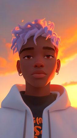 young African American man with white curly hair, wearing a white hoodie against a vibrant sunset...